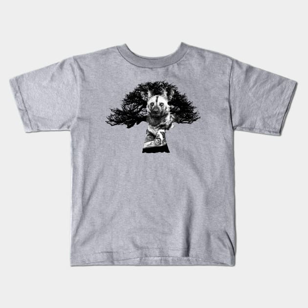 Baobab in Silhouette with Wild Dog Overlay Kids T-Shirt by scotch